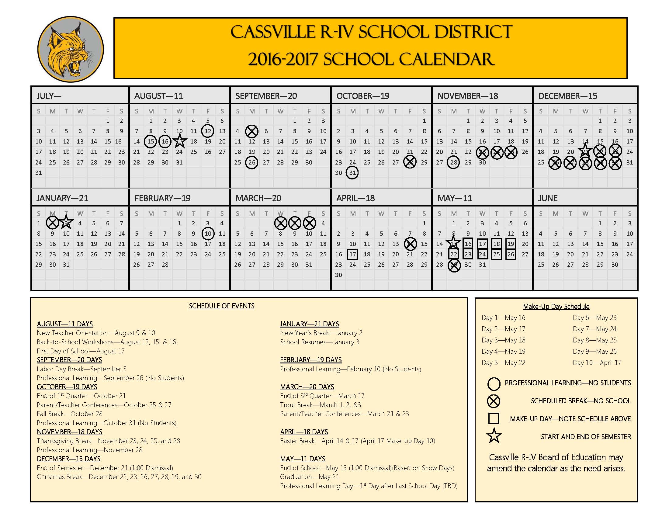 Cassville R-IV School District - District Calendar